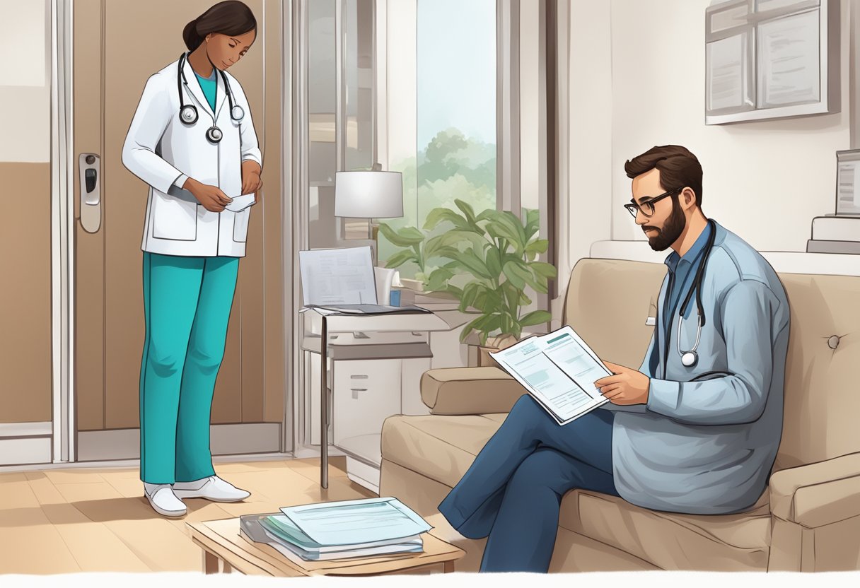 Um médico fazendo uma visita domiciliar a um paciente, com um cartão de plano de saúde e um panfleto do SUS ao fundo.