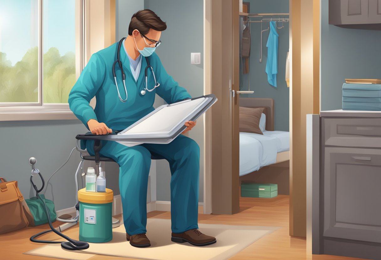 Um médico fazendo uma visita domiciliar, com uma mala médica e um estetoscópio, fornecendo cuidados médicos especializados em um ambiente doméstico.