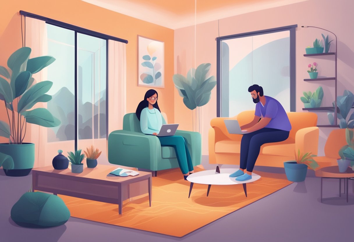 Uma sala de estar aconchegante com uma pessoa sentada em um sofá confortável, usando um laptop ou smartphone para se conectar com um médico através de uma plataforma de telemedicina.
