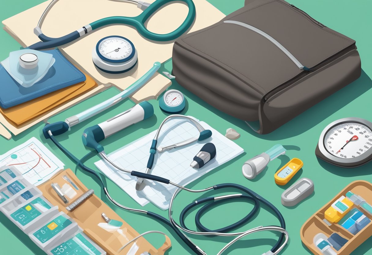 Um kit médico doméstico disposto em uma mesa limpa e organizada, com um estetoscópio, esfigmomanômetro, termômetro e outras ferramentas médicas necessárias.