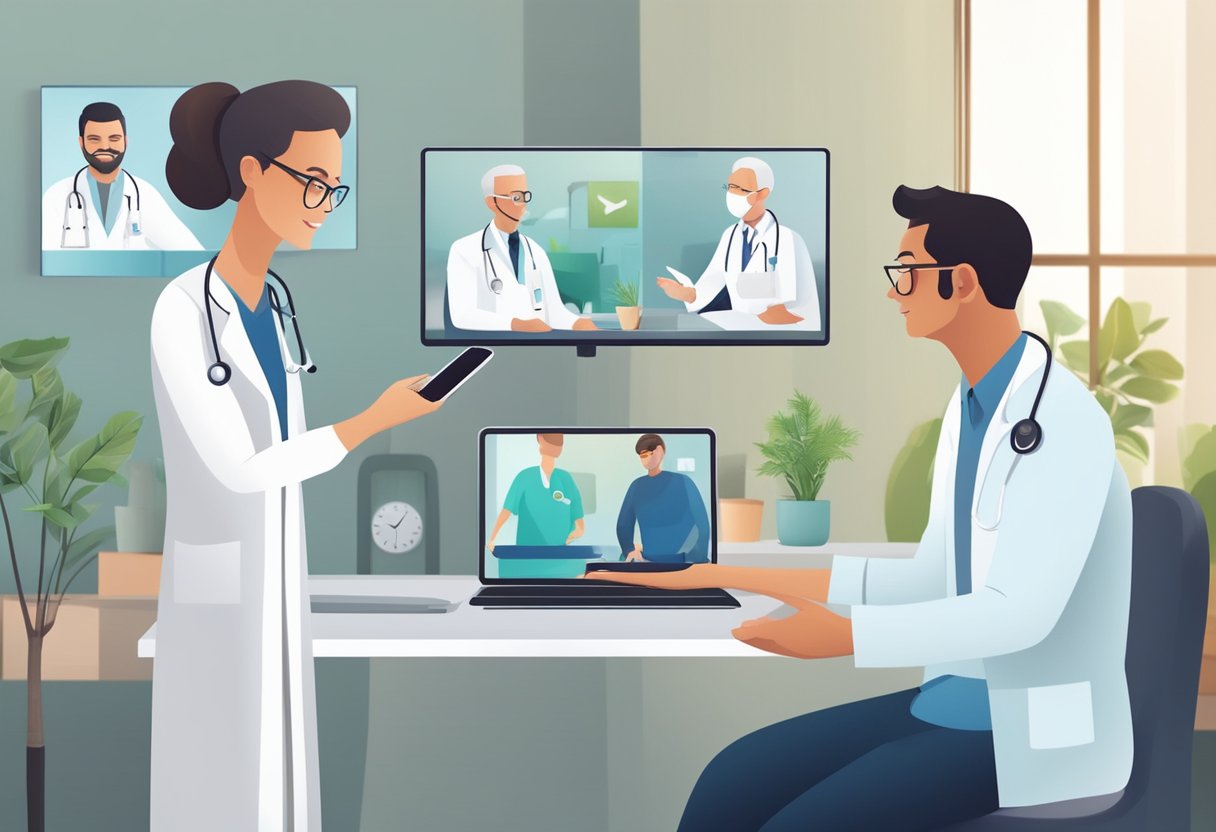Um médico e um paciente participam de uma consulta virtual por meio da telemedicina, usando um computador ou smartphone para se comunicar.
