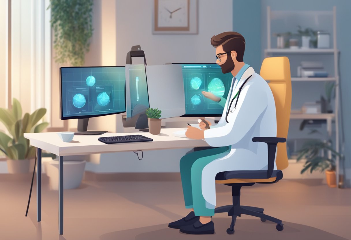 Um médico realizando uma consulta de telemedicina com um paciente através de uma tela de computador, com equipamentos médicos e um ambiente confortável ao fundo.
