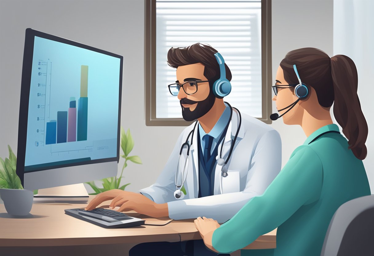 Um médico sentado em uma mesa com um computador, falando em um fone de ouvido enquanto um paciente aparece na tela para uma consulta de telemedicina.