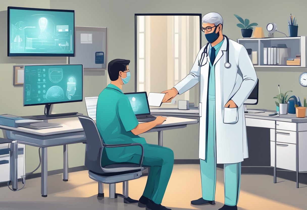 Um médico consultando um paciente por videochamada, com vários equipamentos e ferramentas médicas ao fundo