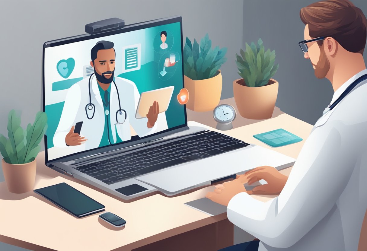 Um médico realizando uma consulta virtual por meio de telemedicina, com um paciente em um computador ou dispositivo móvel.