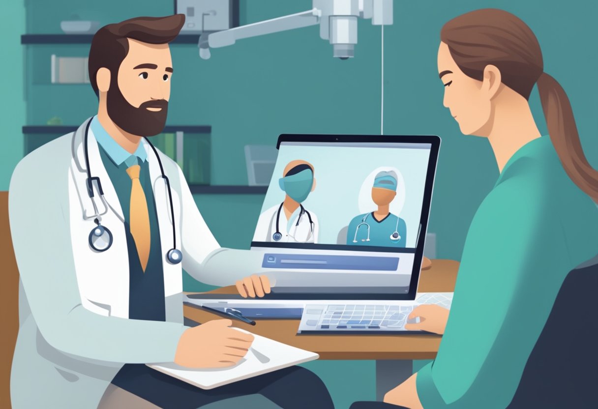 Um médico e um paciente participando de uma consulta de telemedicina, com um computador ou tablet exibindo a interface da teleconsulta e equipamentos médicos nas proximidades.