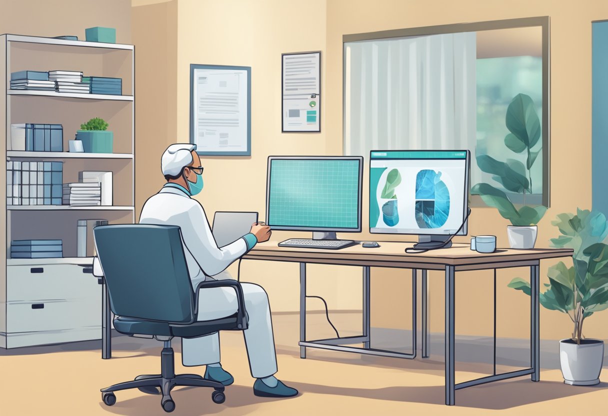 Um médico e um paciente participam de uma consulta de telemedicina, com um computador e equipamentos médicos ao fundo.