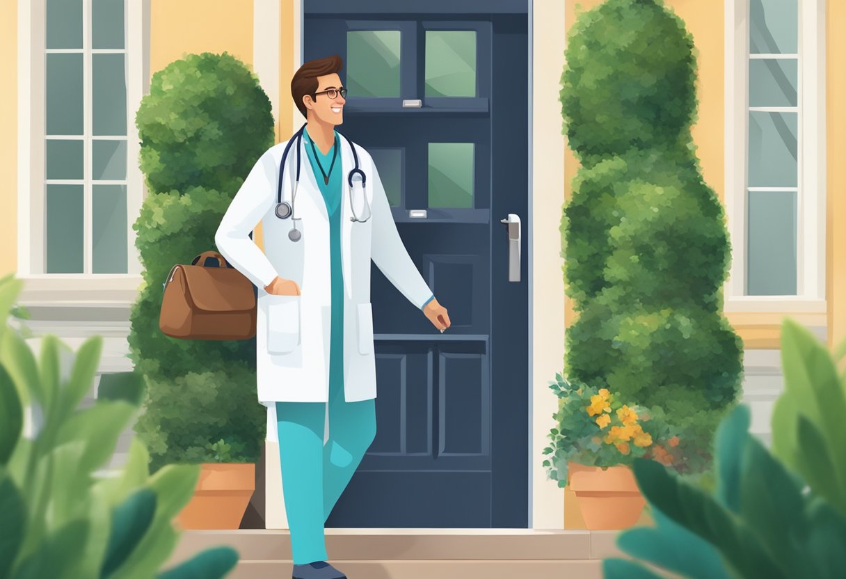 Um médico fazendo uma visita domiciliar, carregando uma maleta médica, parado na porta da frente de uma casa com um sorriso acolhedor