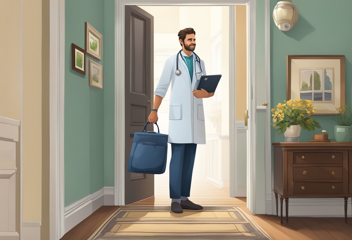 Um médico fazendo uma visita domiciliar, carregando uma maleta médica, parado na porta de uma casa com uma expressão calorosa e atenciosa.