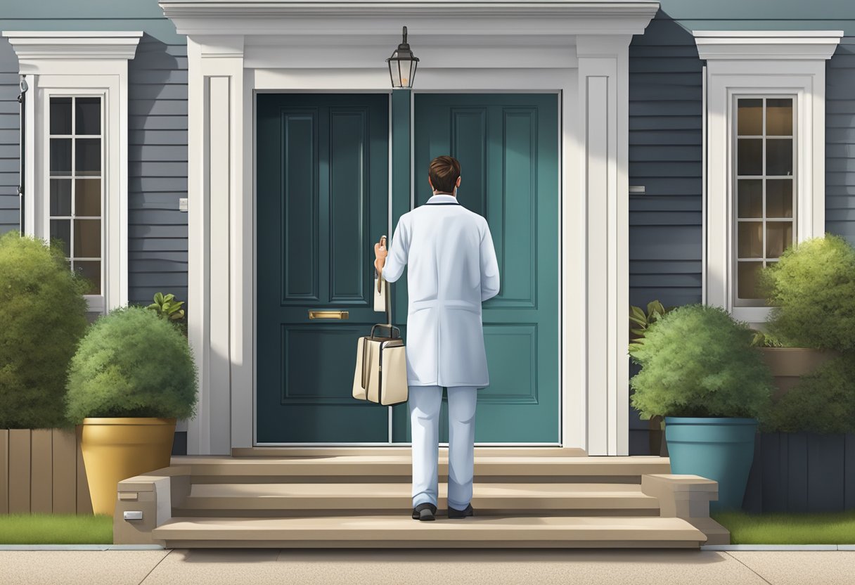 Um médico fazendo uma visita domiciliar, carregando uma maleta médica, parado na porta da frente de uma casa