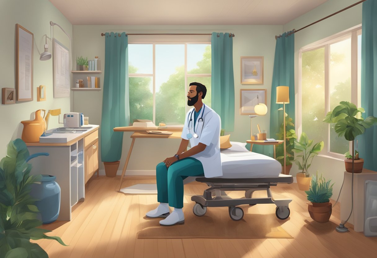 Um médico fazendo uma visita domiciliar, conversando com um paciente, cercado por equipamentos médicos e um ambiente doméstico confortável.