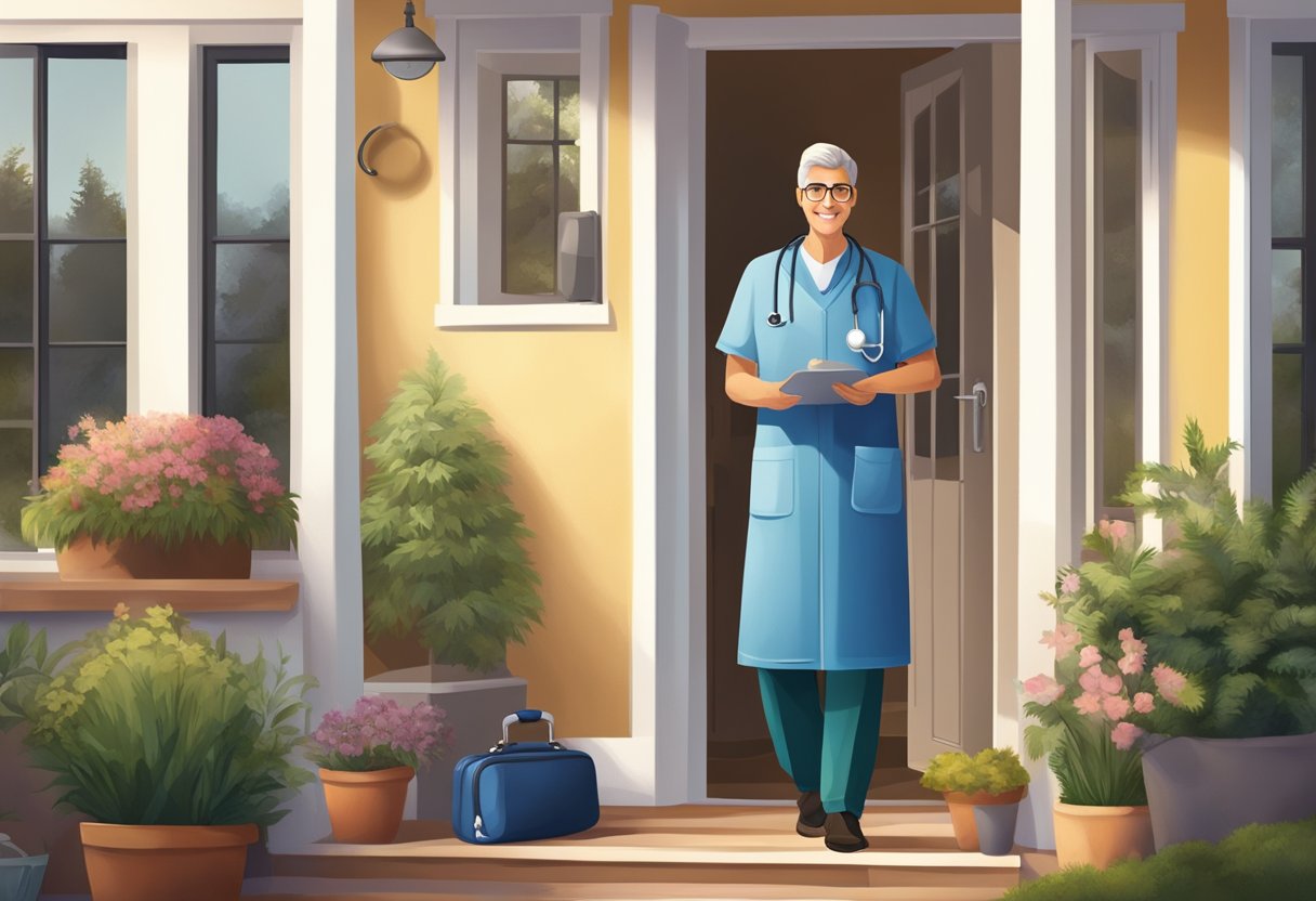Um médico fazendo uma visita domiciliar, carregando uma maleta médica e um estetoscópio, parado na porta da frente de uma casa aconchegante com uma atmosfera acolhedora