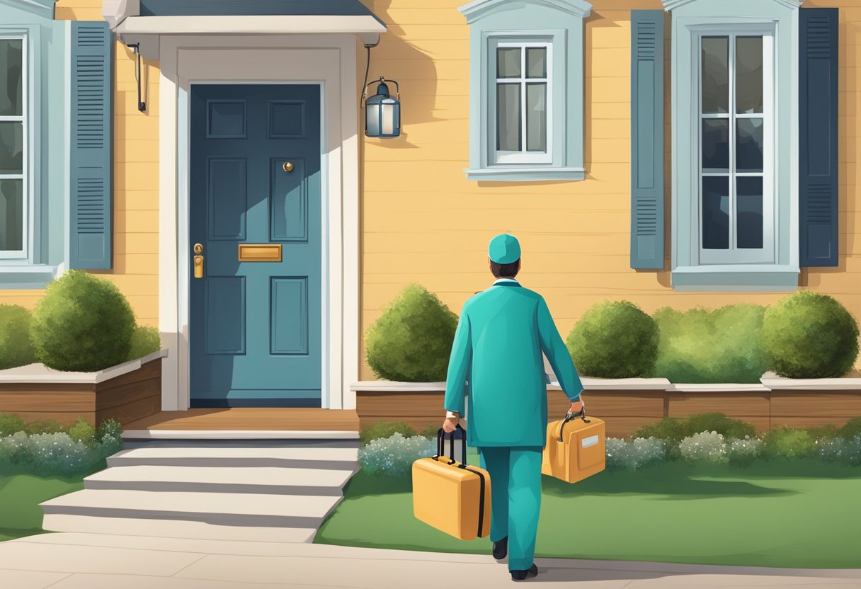Um médico carregando uma mala médica se aproxima de uma casa com uma porta da frente acolhedora e uma placa indicando "consultas médicas domiciliares."