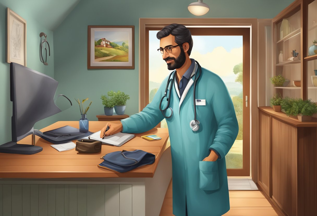 Um médico fazendo uma visita domiciliar em uma aconchegante casa portuguesa, com um estetoscópio em volta do pescoço e uma bolsa médica na mão.