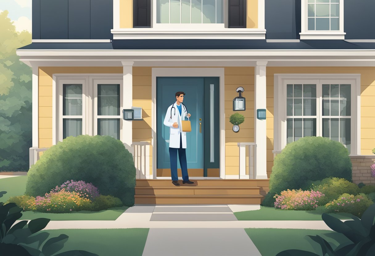 Um médico fazendo uma visita domiciliar, carregando uma maleta médica e um estetoscópio, parado na porta da frente de uma casa suburbana