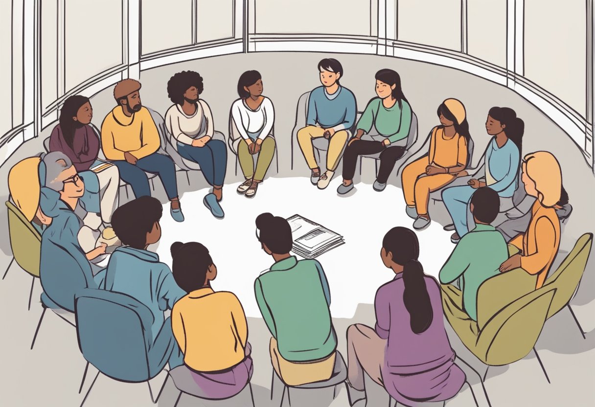 Um grupo de pessoas se reúne em um círculo, discutindo e planejando os primeiros passos para resgatar e retirar dependentes químicos de sua situação.