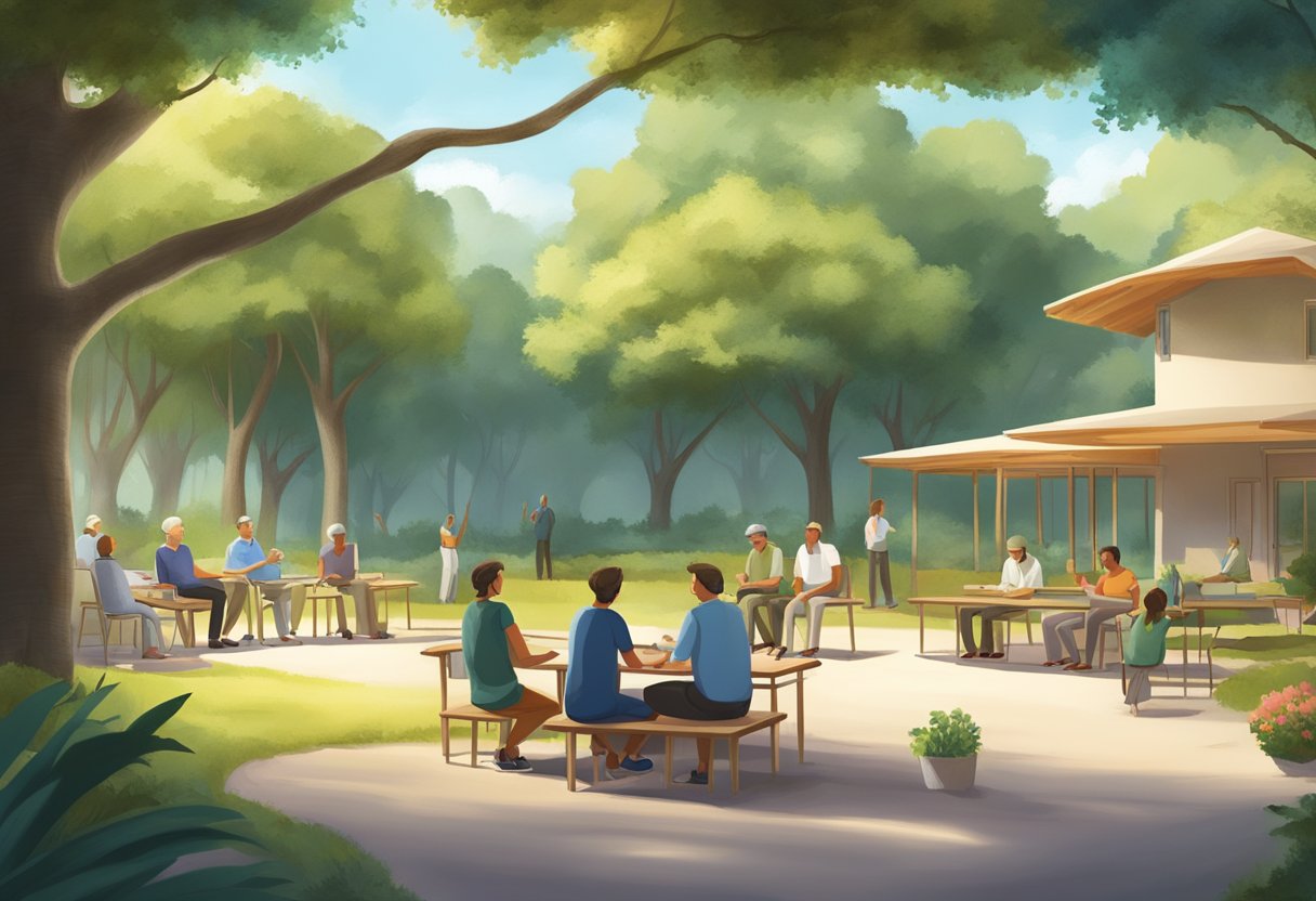 Um centro de reabilitação sereno e pacífico, cercado pela natureza, com uma sessão de terapia em grupo acontecendo à sombra de uma árvore.