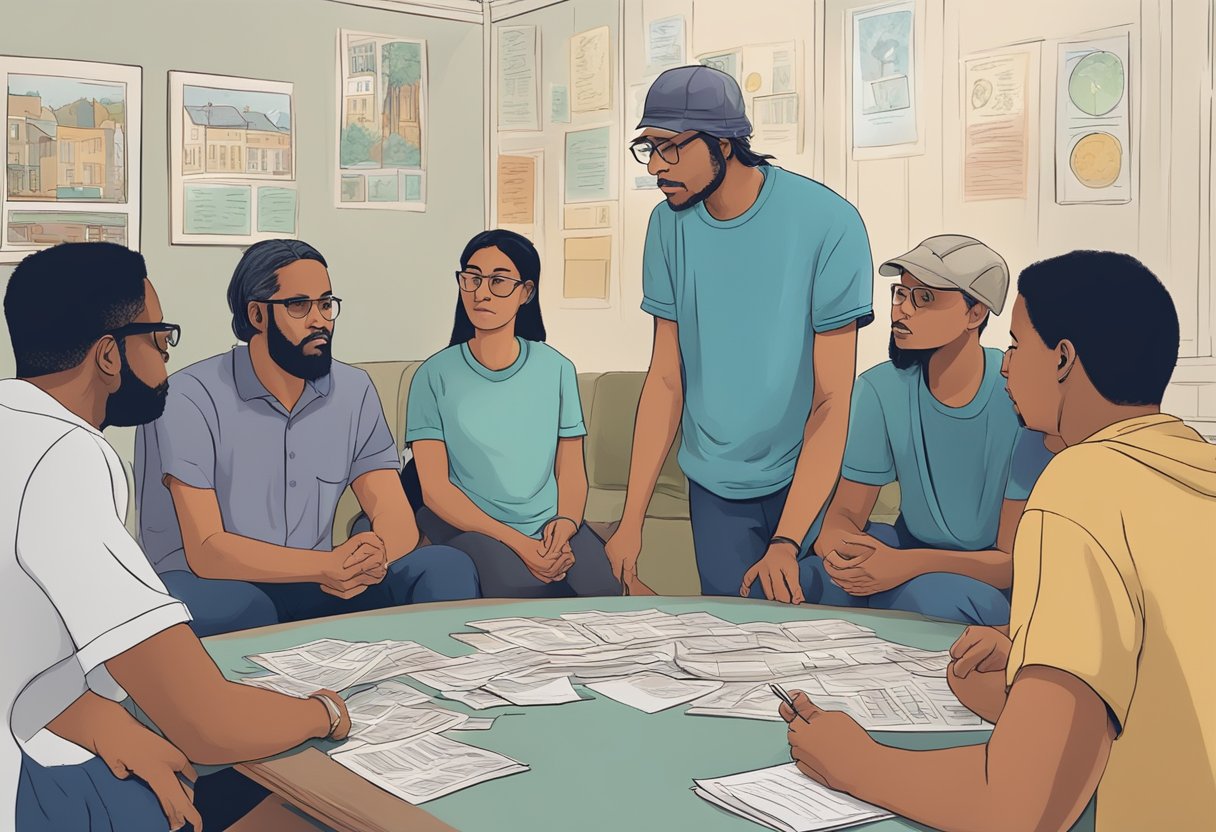 Um grupo de pessoas discutindo aspectos legais e éticos da remoção de dependentes químicos de um ambiente comunitário