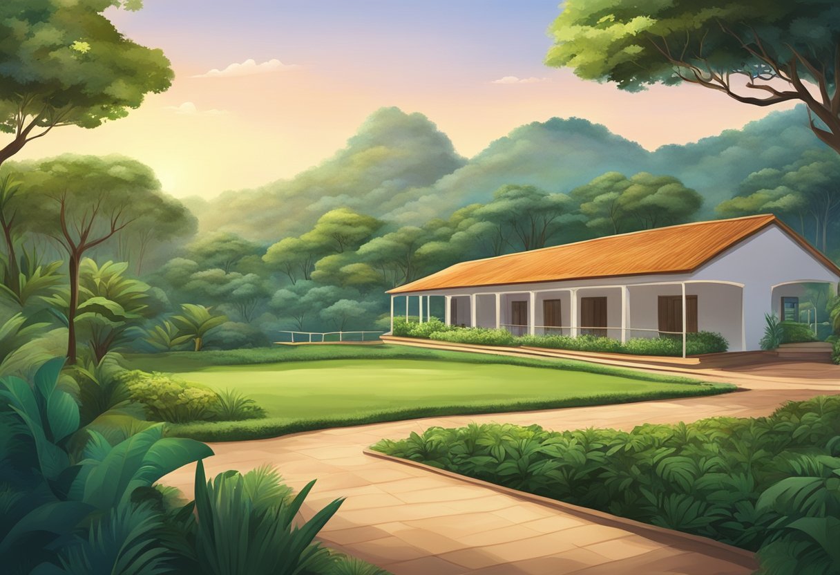 Uma paisagem serena brasileira com um centro de reabilitação situado entre a vegetação exuberante, simbolizando acesso e qualidade no tratamento para abuso de substâncias.