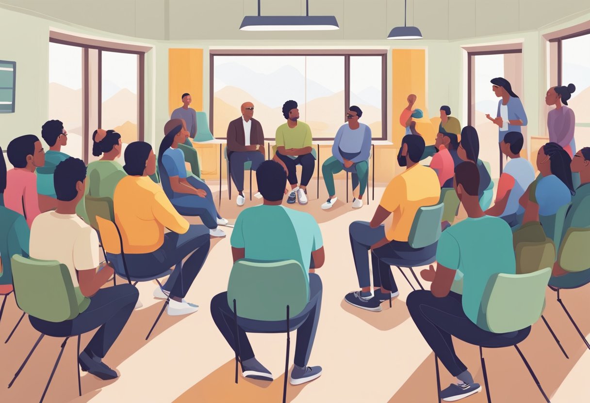 Uma sessão de terapia em grupo com indivíduos compartilhando suas experiências e apoiando uns aos outros na superação do abuso de substâncias