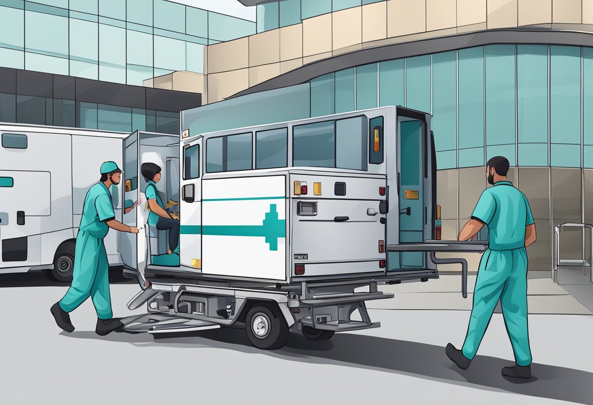 Transporte de Pacientes: Eficiência e Segurança no Atendimento Médico 1 Um veículo de transporte médico estacionado do lado de fora de um hospital, com a equipe médica descarregando uma maca com um paciente.