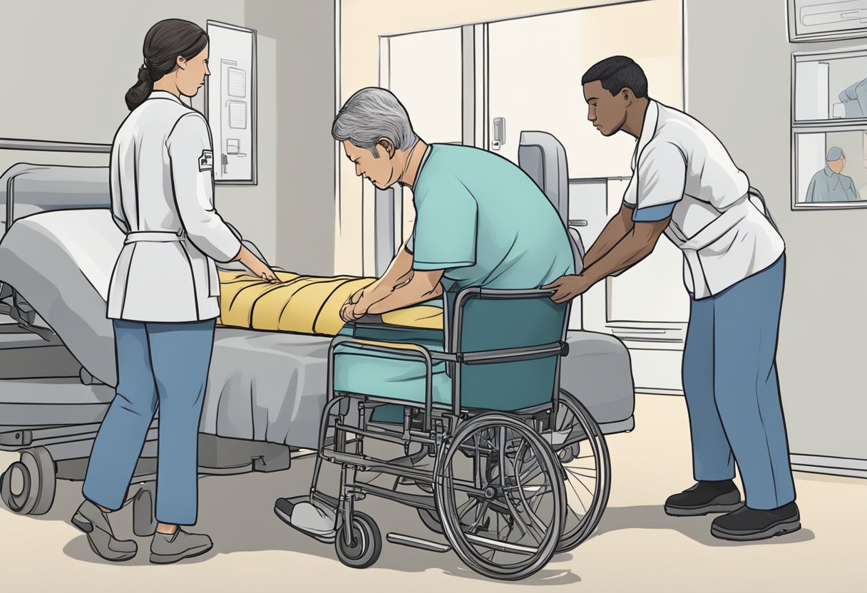 Transporte de Pacientes: Eficiência e Segurança no Atendimento Médico 2 Um profissional de saúde usando técnicas adequadas de levantamento e transferência para mover um paciente de uma cama para uma cadeira de rodas.