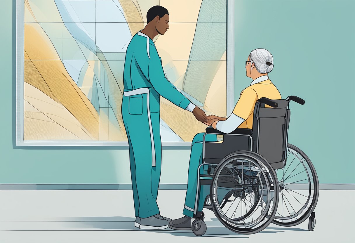 Transporte de Pacientes: Eficiência e Segurança no Atendimento Médico 4 Um trabalhador da saúde ajusta a posição de um paciente em uma cadeira de rodas, garantindo uma postura adequada e conforto durante o transporte.