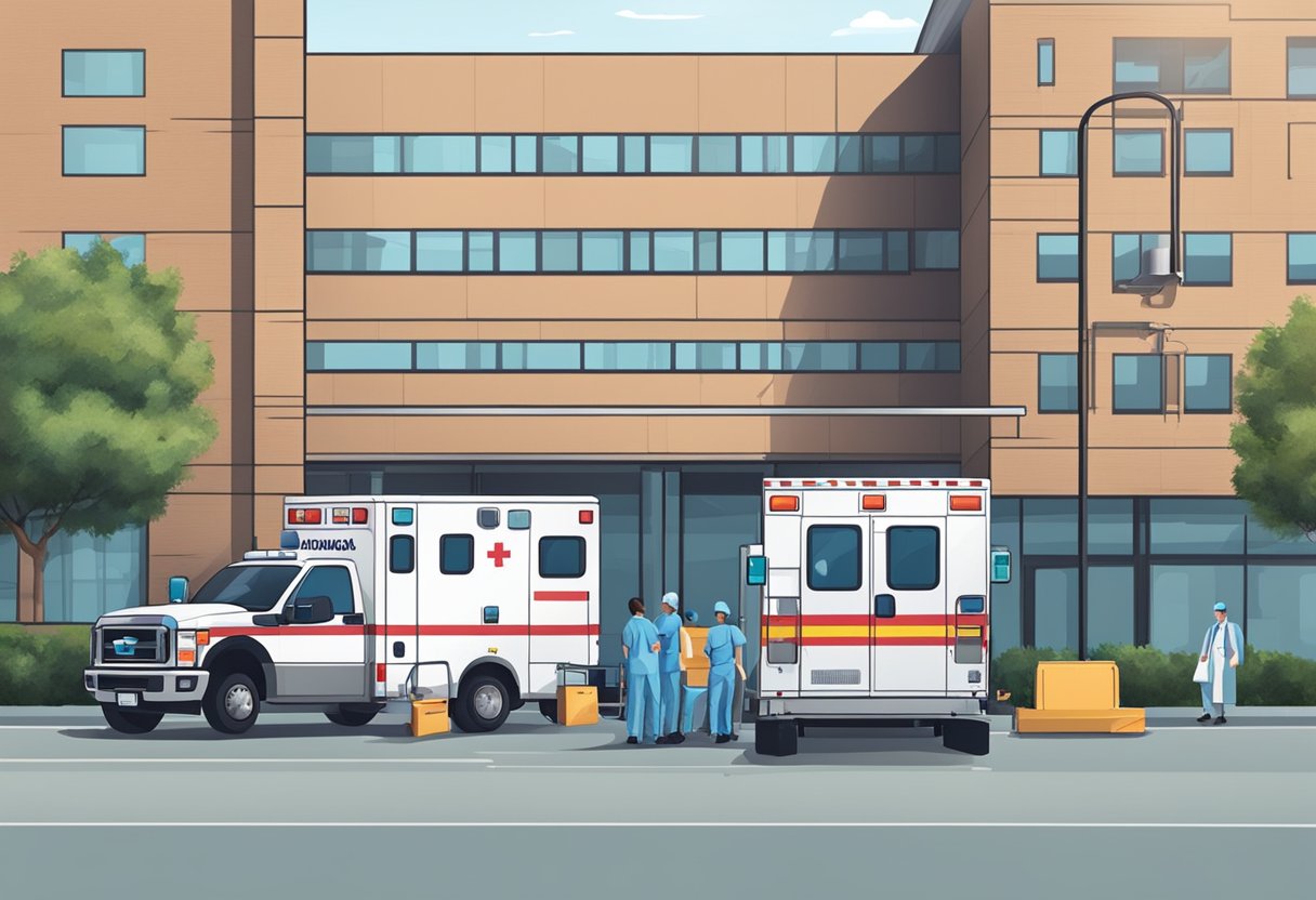 Transporte de Pacientes: Eficiência e Segurança no Atendimento Médico 5 Uma ambulância estacionada do lado de fora de um hospital, com equipamentos e suprimentos médicos sendo carregados nela por profissionais de saúde.