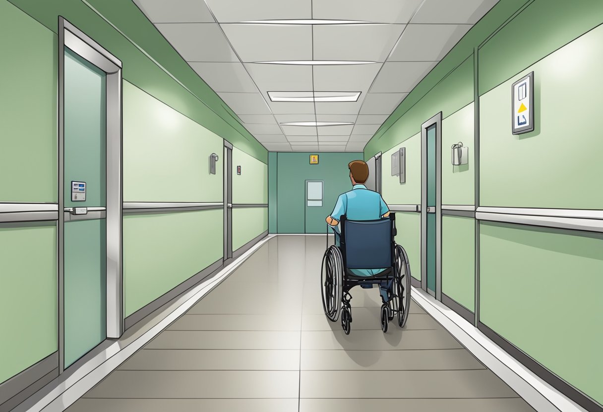 Transporte de Pacientes: Eficiência e Segurança no Atendimento Médico 6 Um corredor de hospital com um celador empurrando uma cadeira de rodas com um paciente, passando por uma placa de treinamento profissional