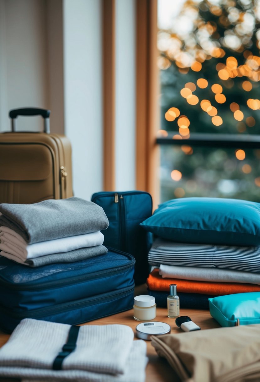 A table with neatly folded clothes, toiletries, and travel accessories laid out for packing