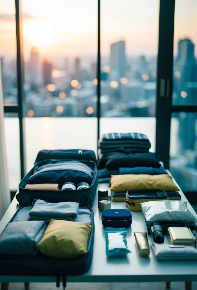 A neatly organized table with various items laid out for packing, including clothing, toiletries, and travel accessories