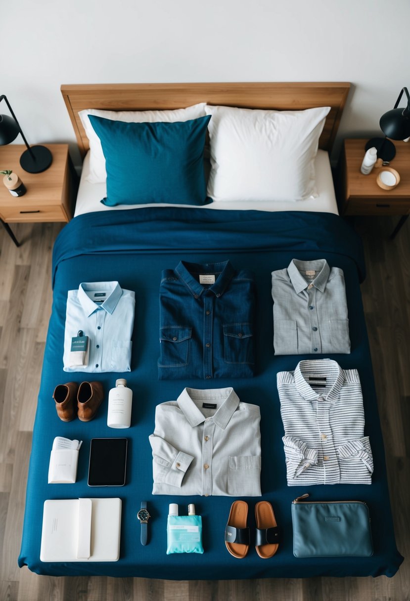 A variety of clothing and accessories laid out neatly on a bed, including shirts, pants, shoes, toiletries, and travel documents