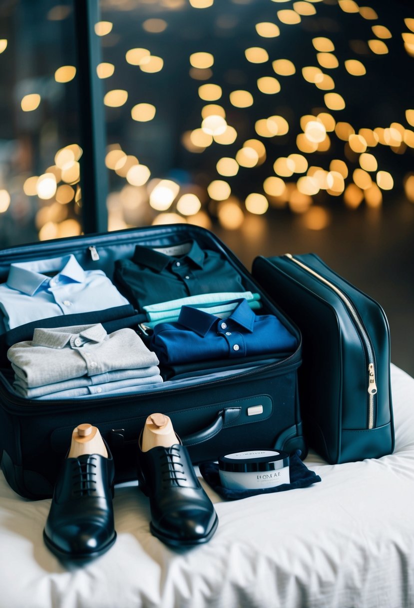 A suitcase filled with neatly folded shirts, pants, socks, and shoes. A toiletry bag sits next to it, filled with grooming essentials