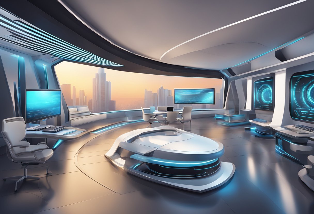A futuristic studio with sleek, modern design and advanced technology