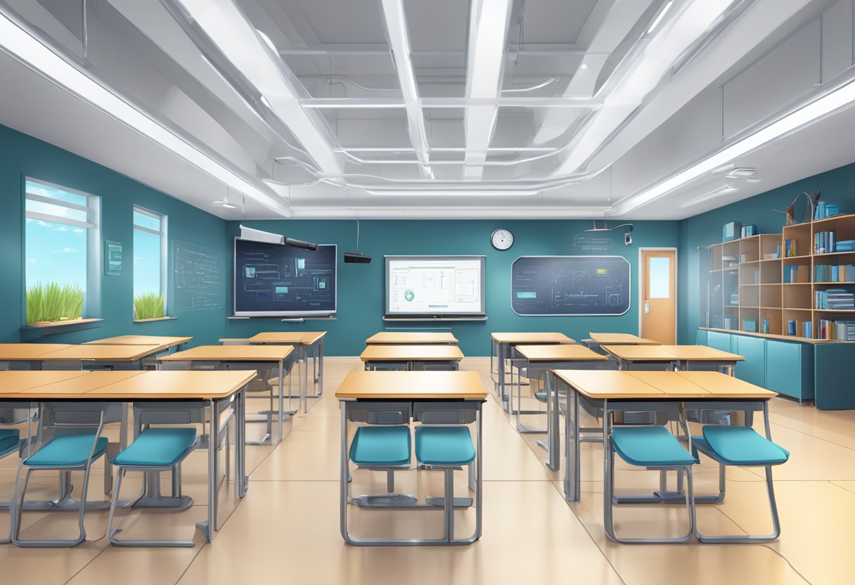 A futuristic classroom with advanced technology and assessment tools