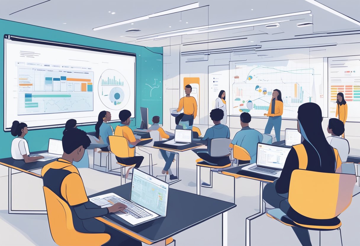 A futuristic classroom with AI tutor, students, and screens showing real-time feedback and analytics