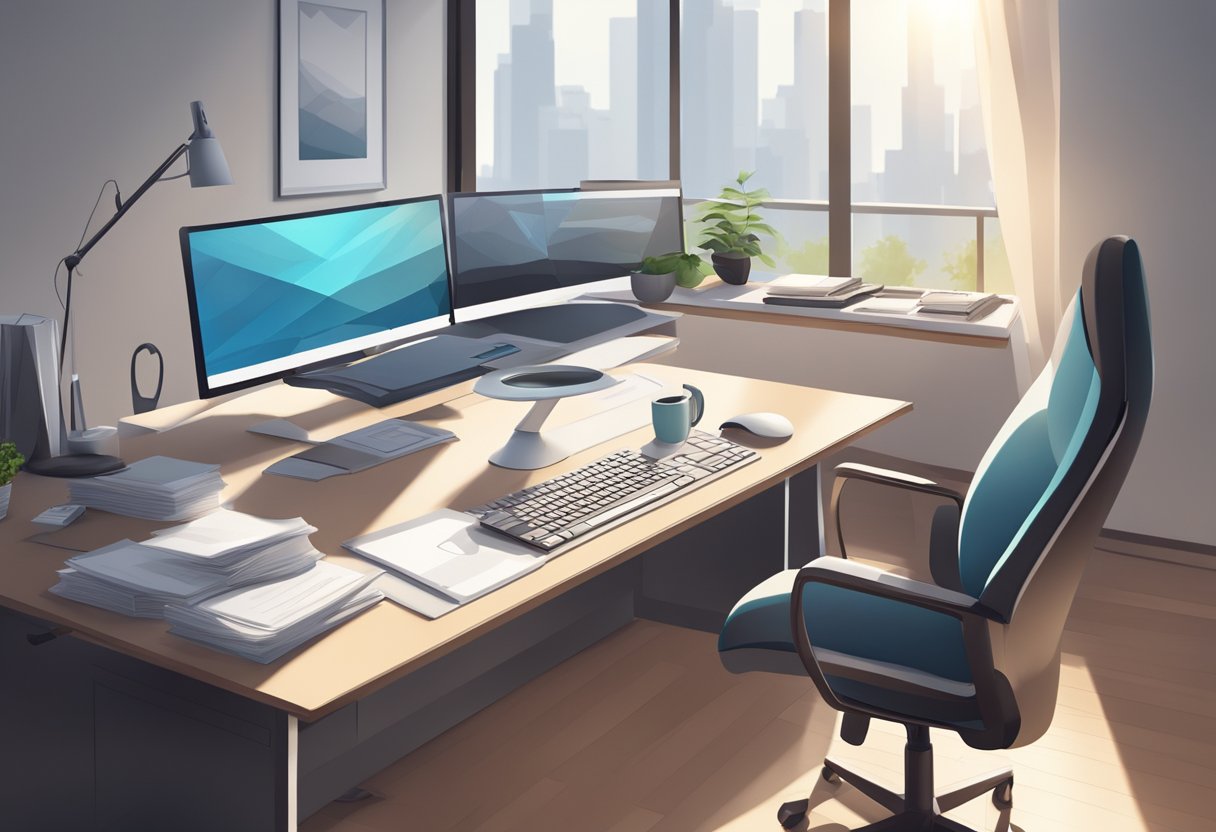 A modern, sleek studio with a large computer monitor, keyboard, and mouse. A stack of papers and a pen sit on the desk. Bright, natural light floods the room