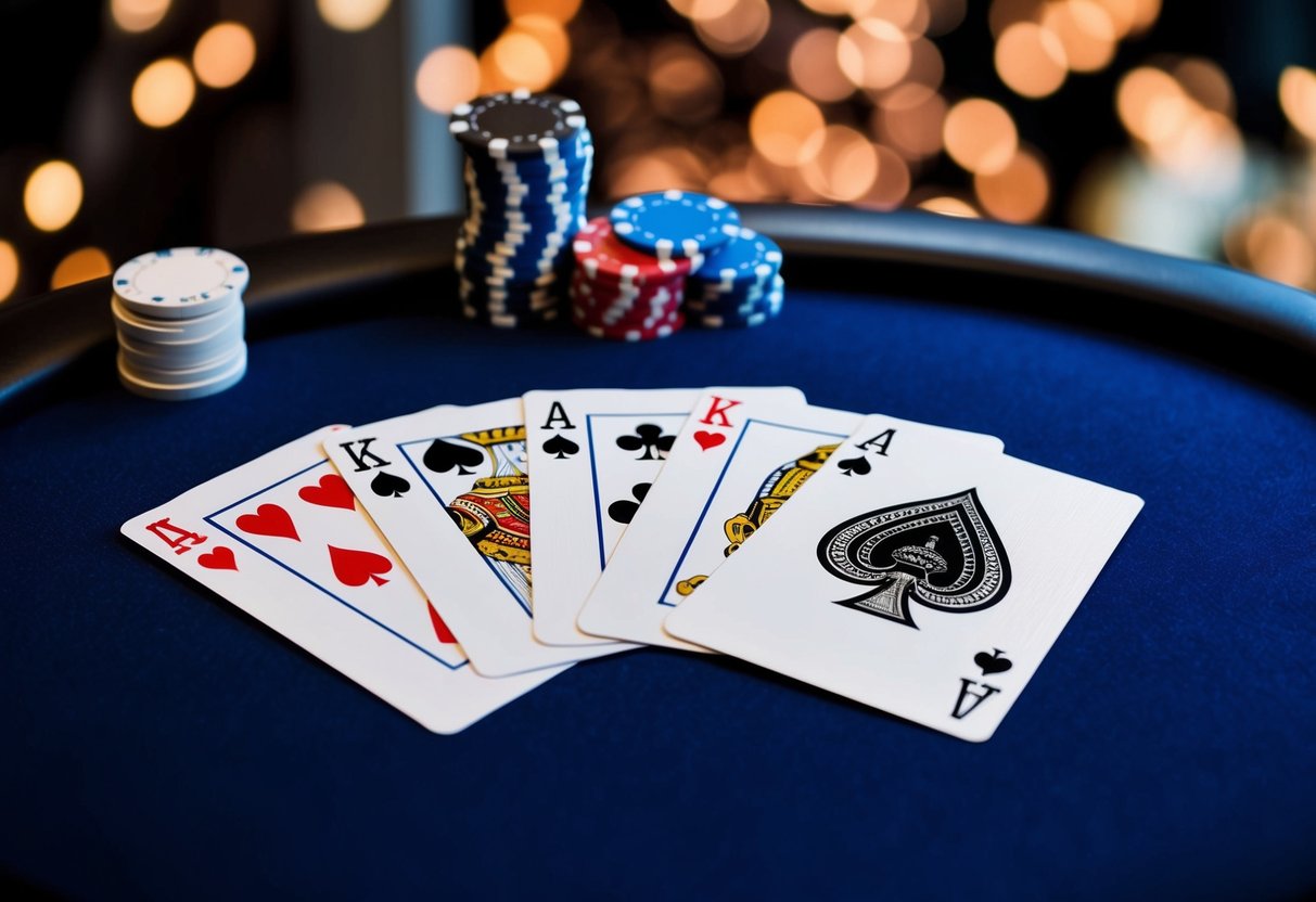 A poker table with five cards spread out in a fan shape, with a stack of poker chips and a deck of cards in the background