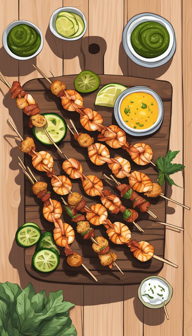 A colorful array of keto-friendly boardwalk foods, including grilled shrimp skewers, bacon-wrapped jalapeno poppers, and zucchini fries, displayed on a wooden board