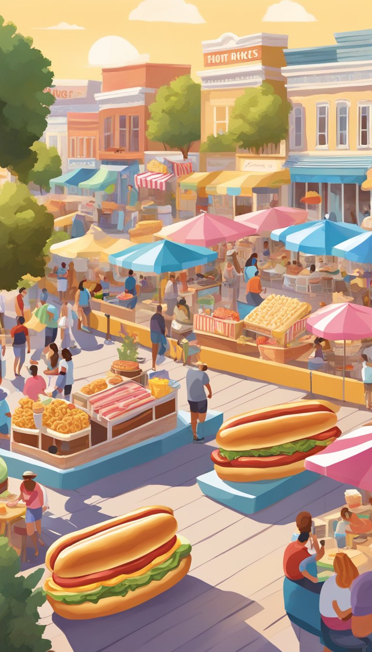 A colorful boardwalk scene with keto-friendly versions of classic foods such as hot dogs, ice cream, and funnel cakes. People enjoy the sunny day while snacking on low-carb alternatives