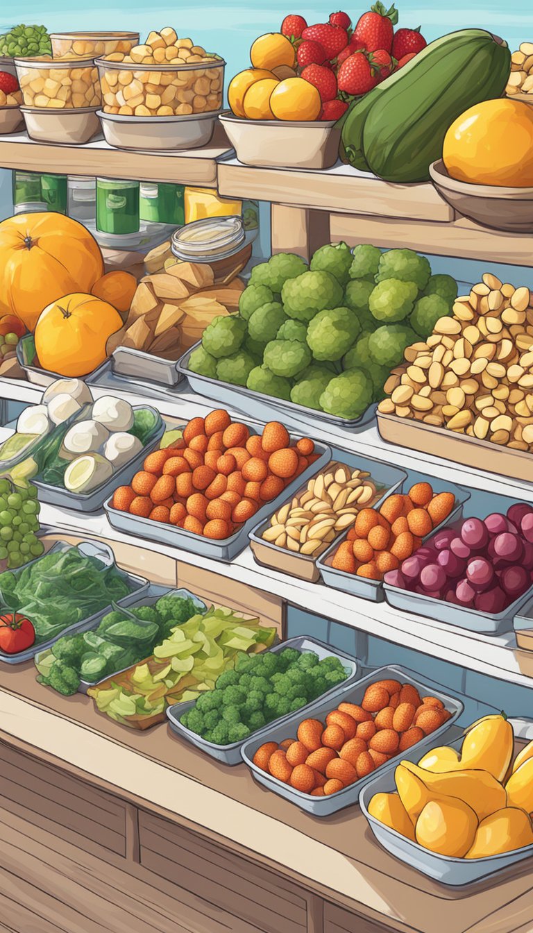 A colorful array of keto-friendly snacks and drinks displayed on a boardwalk counter, with fresh fruits, vegetables, nuts, and sparkling water