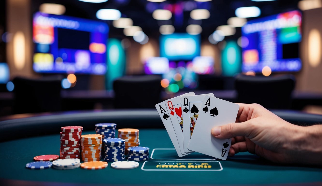 Sebuah ruang poker online yang ramai dengan layanan 24 jam, menampilkan kartu dan chip digital berwarna-warni di atas meja virtual yang ramping