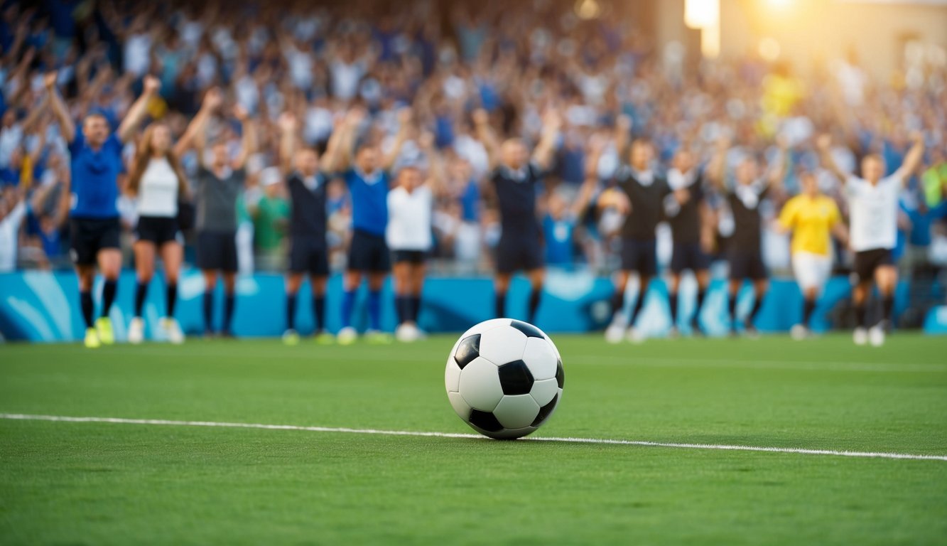 Sebuah bola sepak yang bergulir di atas lapangan hijau, dikelilingi oleh penggemar yang bersorak di stadion