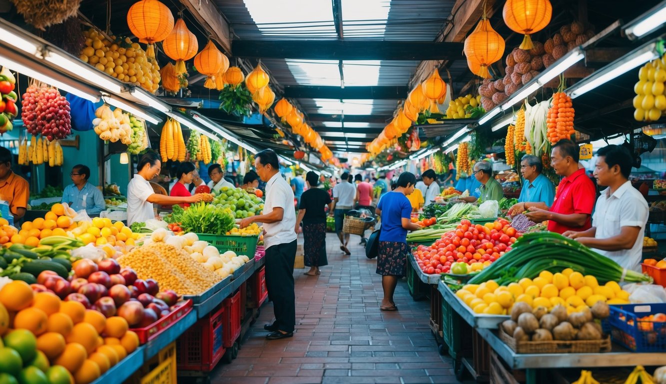 Sebuah pemandangan yang berwarna-warni dan hidup dari pasar tradisional Indonesia dengan berbagai kios yang menjual buah-buahan, sayuran, dan barang-barang lainnya, dengan orang-orang yang berkerumun.