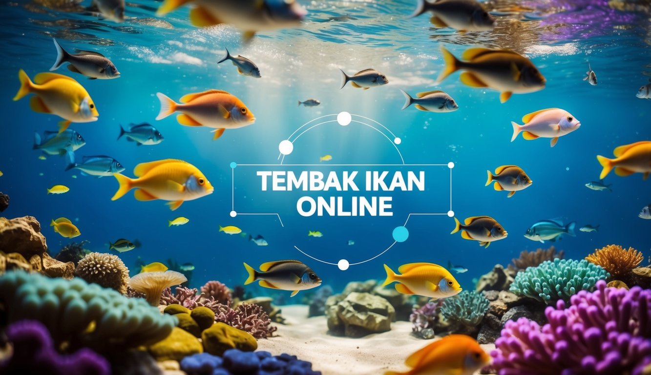 Dunia bawah laut yang berwarna-warni dengan berbagai ikan yang berenang di sekitar, dengan antarmuka digital yang ditambahkan untuk permainan "Tembak Ikan Online"