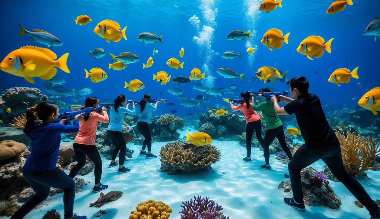 Sebuah dunia bawah laut yang berwarna-warni dengan berbagai makhluk laut yang berenang di sekitar, sementara sekelompok pemain mengarahkan dan menembak ikan dalam permainan bergaya arcade yang hidup.