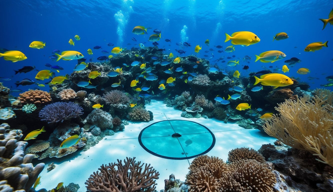 Sebuah dunia bawah laut yang ramai dengan ikan berwarna-warni, terumbu karang, dan tanaman akuatik yang mengelilingi area yang ditentukan untuk menangkap ikan