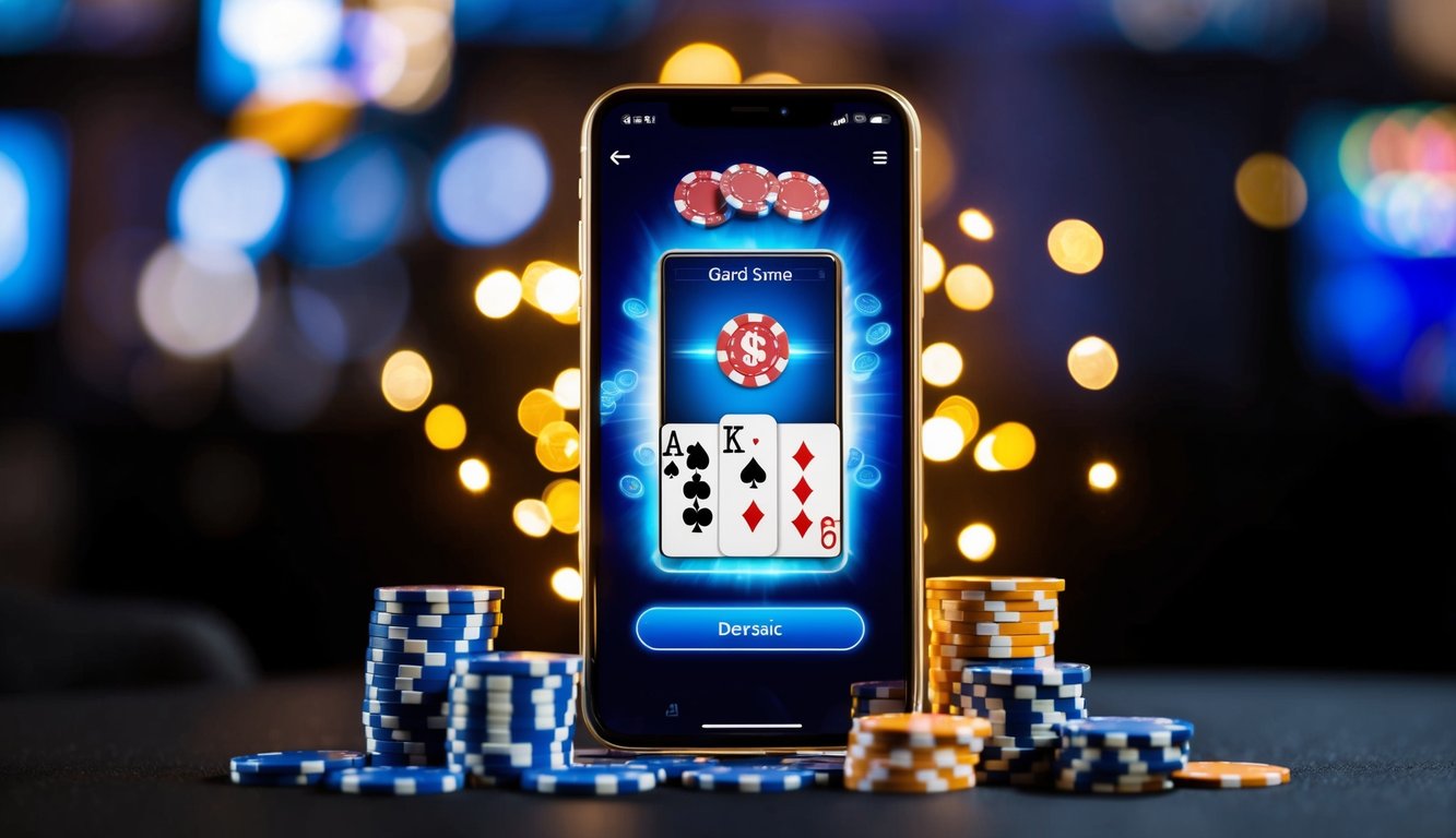 Sebuah smartphone dengan layar yang bersinar menampilkan antarmuka permainan kartu virtual, dikelilingi oleh tumpukan chip poker dan tombol deposit yang berdenyut.