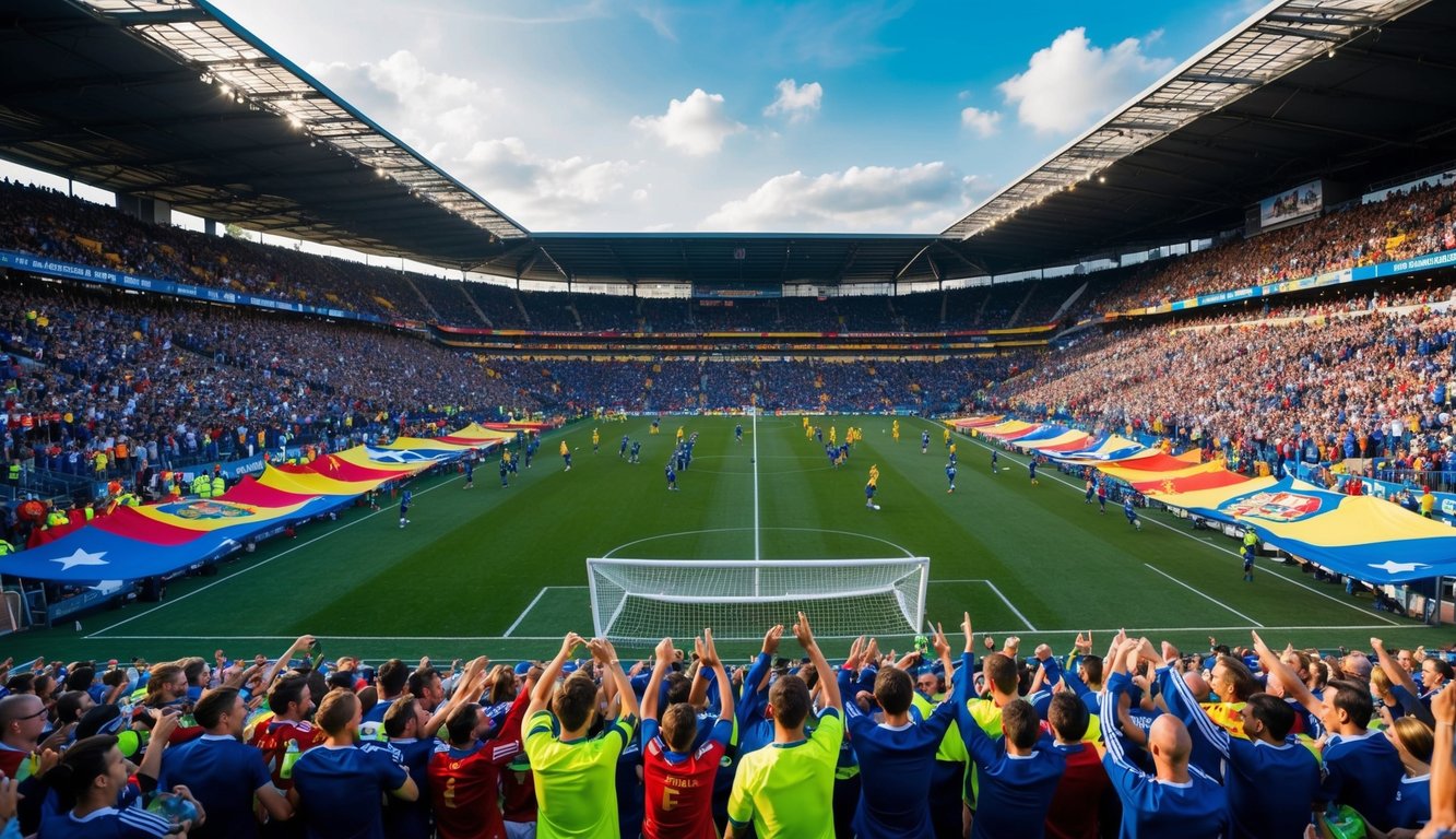 Sebuah stadion yang ramai dipenuhi dengan penggemar yang bersorak dan spanduk berwarna-warni, saat dua tim berhadapan di lapangan sepak bola