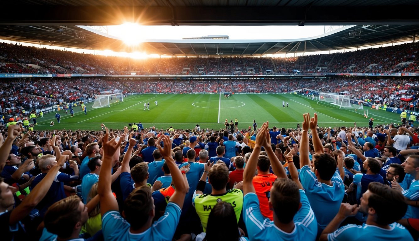 Sebuah stadion yang ramai dipenuhi dengan penggemar yang bersorak dan pemain di lapangan sepak bola